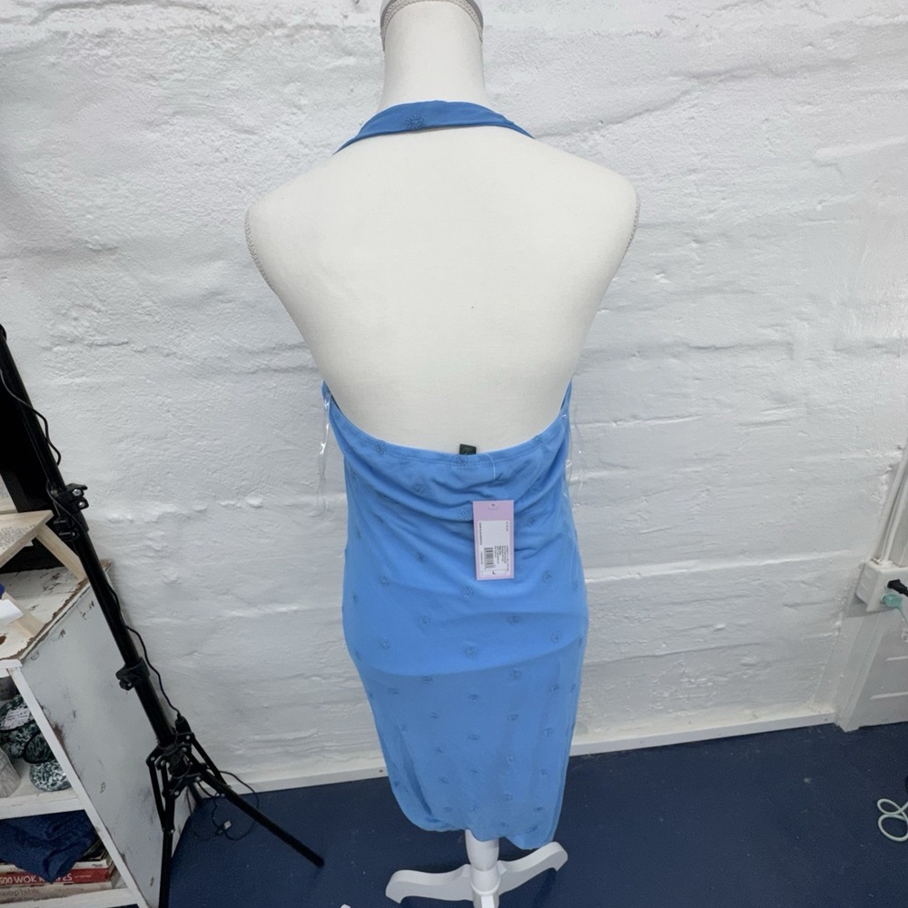 Wild Fable Light Blue Halter Maxi Dress Large Mesh Embroidered Sleeveless Floral - Picture 3 of 11